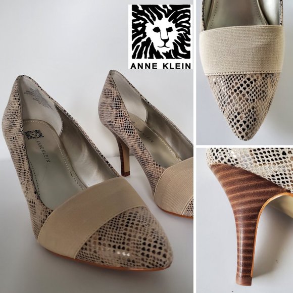 ANNE KLEIN Faux Snakeskin Shoes Stretch Band Brown Wood Stiletto Heel Women's 8 - Picture 2 of 12